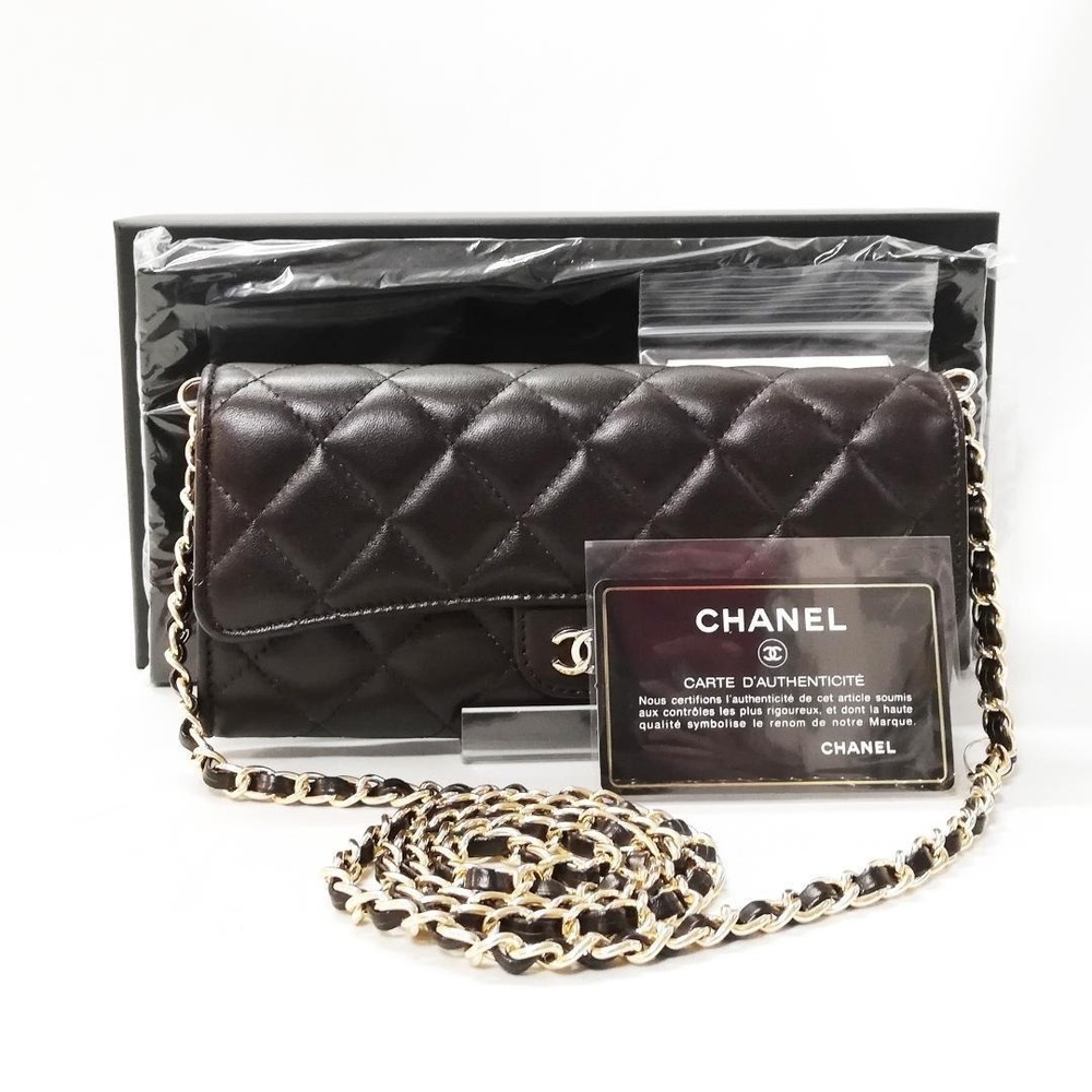 CHANEL Lambskin Matelasse Long Wallet Brown Chain
